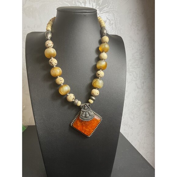 Bohemian Beaded Necklace With Orange Amber Pendant - Picture 1 of 5